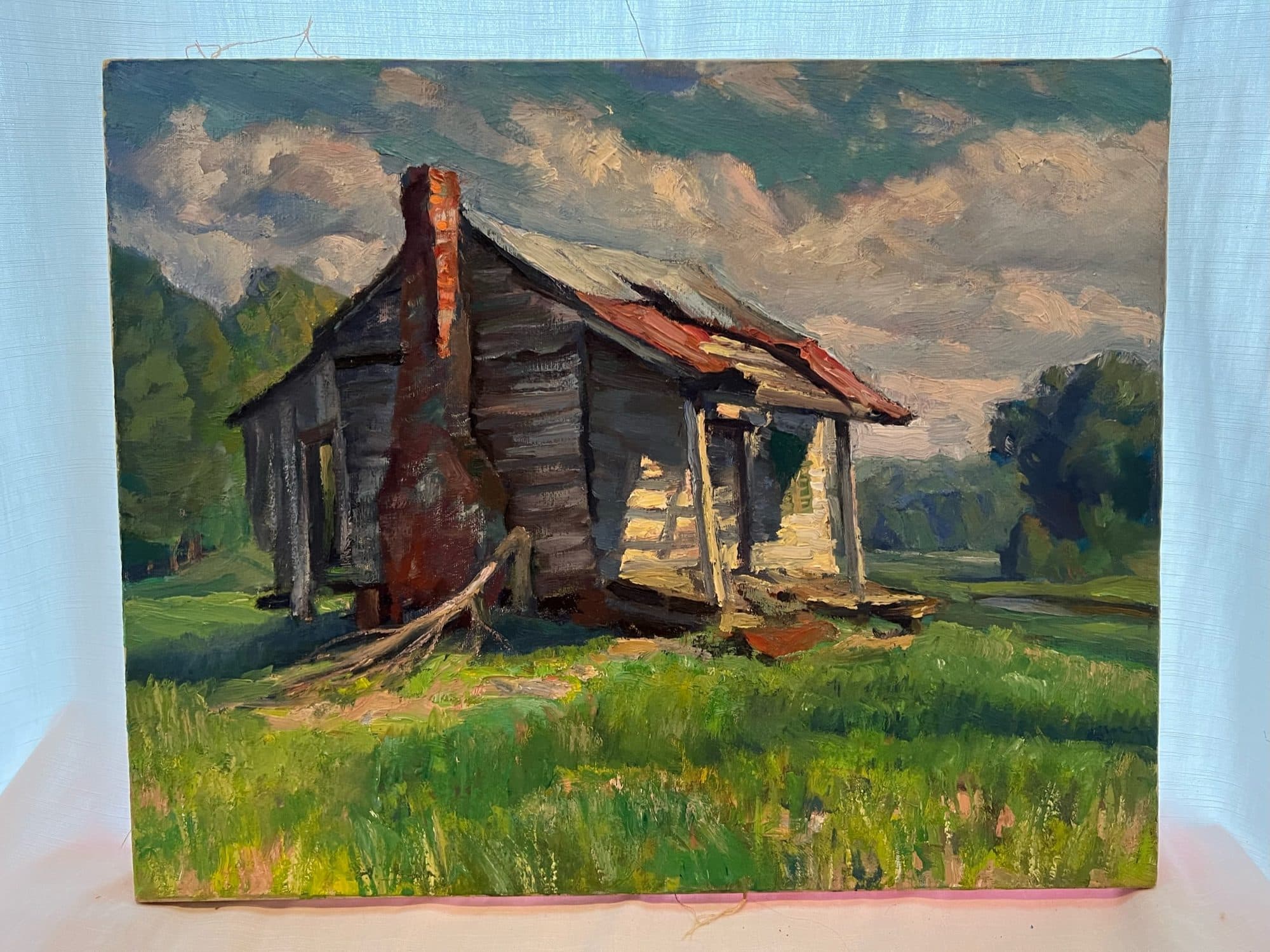 Leaning Cabin With Brick Chimney