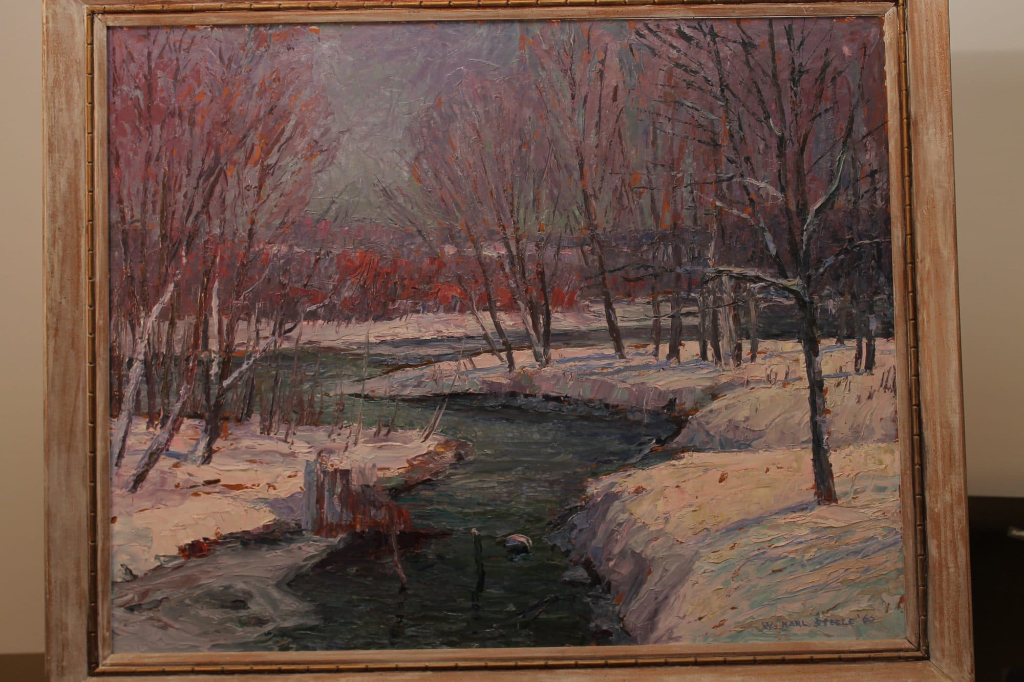 Snowy Creek With Red Blossom Trees